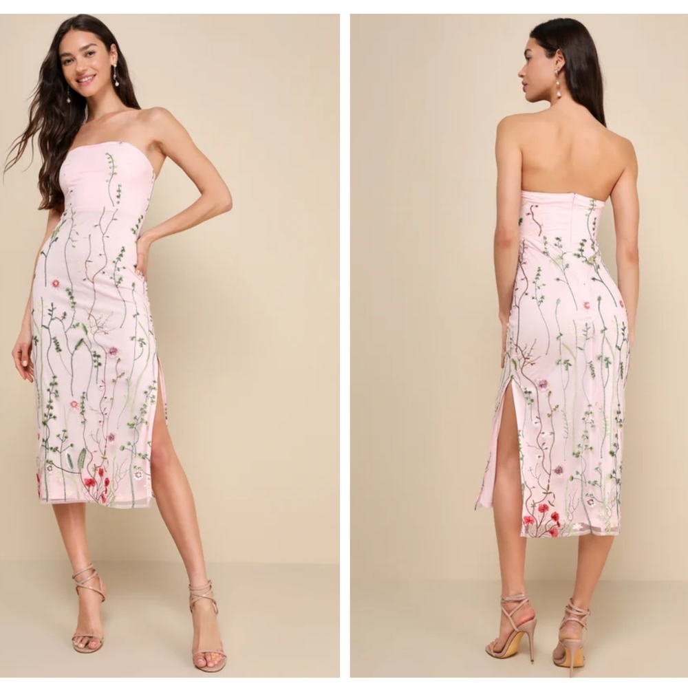 Lulu's Light Pink Strapless Floral Embroidered Midi Dress